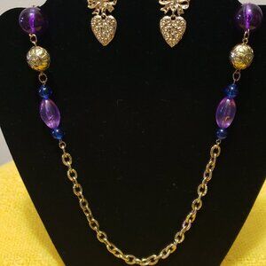 Purple/Royal Blue & Antique Gold Necklace With Matching Heart/Bow Earrings.